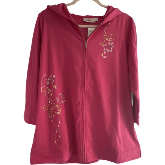 Quacker Factory Front Zip Hoodie Sweatshirt Embellished Flowers Pink Large NWOT - Picture 1 of 7